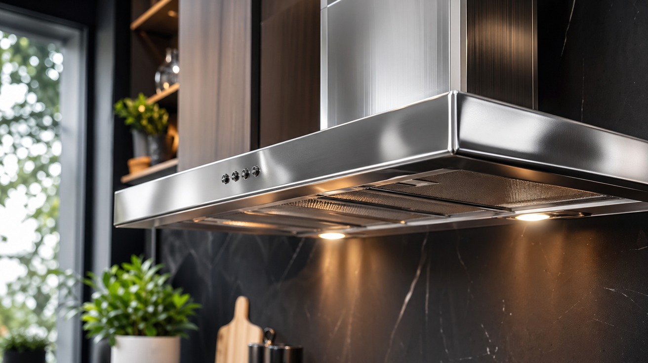 Close-up de uma coifa de inox reluzente e sem gordura em uma cozinha moderna, com a luz refletindo em sua superfície limpa.