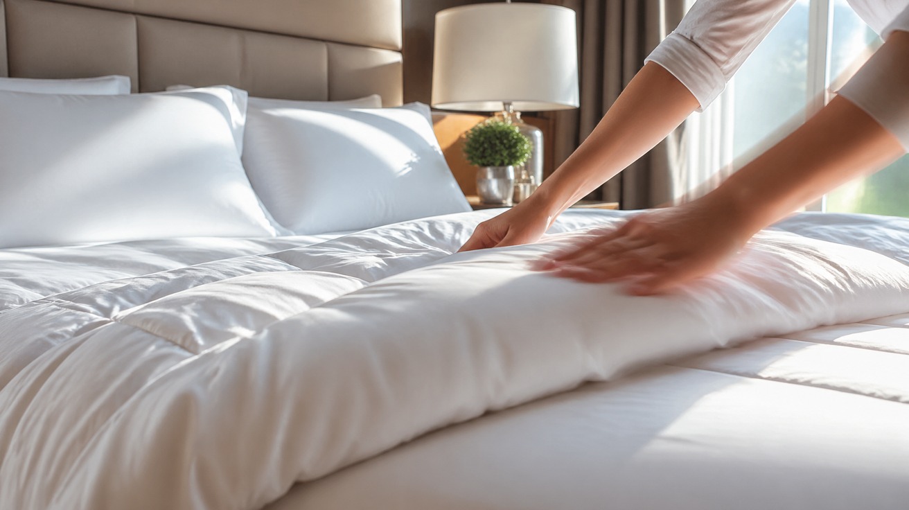 Mãos de uma pessoa em movimento rápido, alisando um edredom branco e fofo sobre uma cama em um quarto bem iluminado, com o movimento capturado de forma a sugerir velocidade.