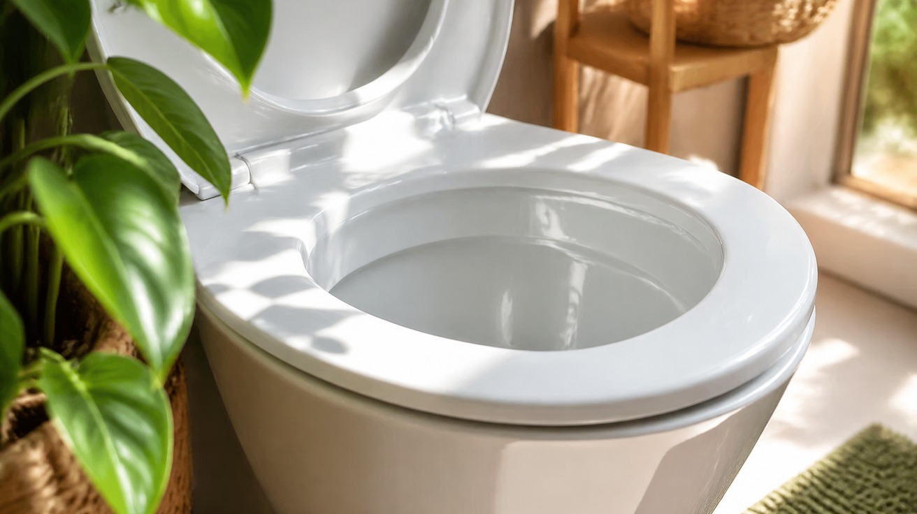 Close-up de um vaso sanitário de cerâmica branca e brilhante, completamente limpo, com o reflexo de uma planta verde próxima, sugerindo um ambiente fresco e higienizado de forma natural.