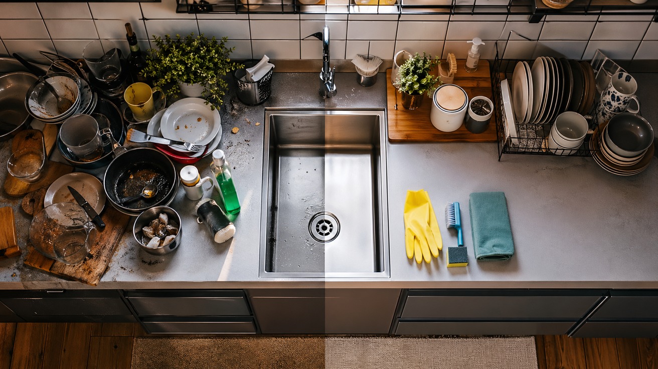 Visão de cima de uma bancada de cozinha pequena, metade caótica e metade perfeitamente organizada, mostrando uma transformação clara. Utensílios de limpeza visíveis.