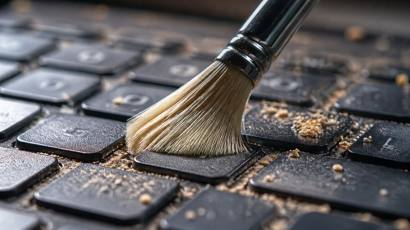 Close-up macro de um pincel de cerdas macias varrendo cuidadosamente migalhas e poeira de um teclado escuro, com a luz focada na ação de limpeza e nas texturas.