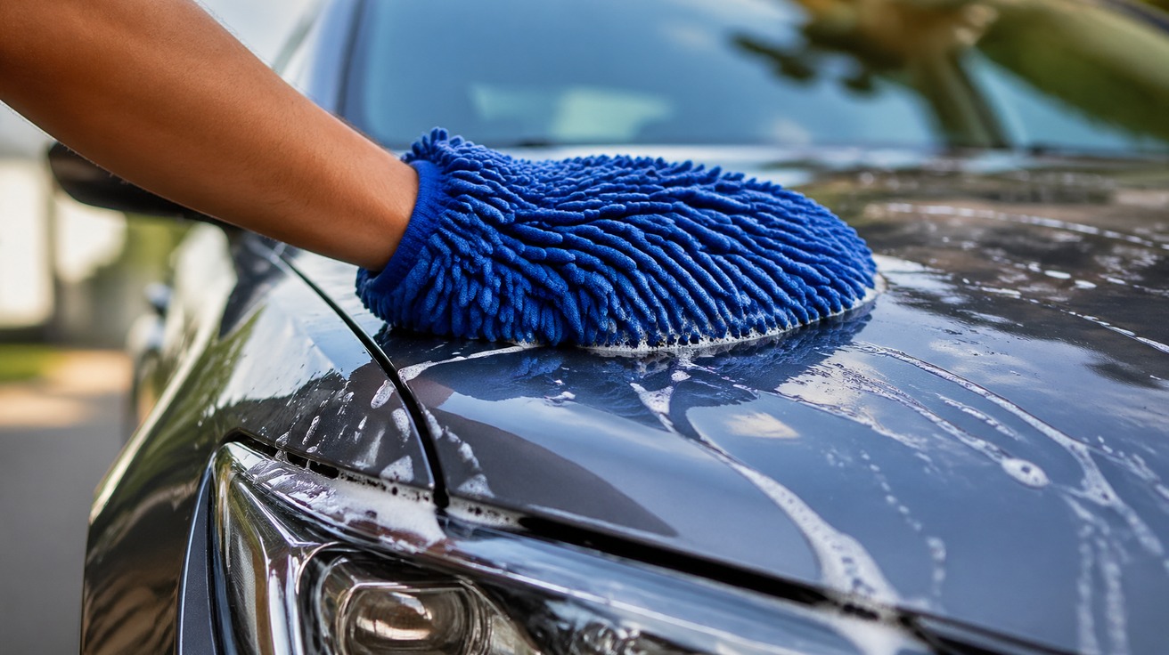 Close-up de uma mão com luva de microfibra azul deslizando sobre a lataria molhada de um carro cinza escuro, com espuma de shampoo automotivo escorrendo e reflexos de luz.