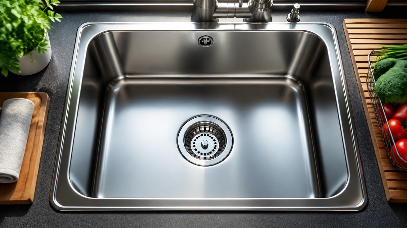 Vista de cima de uma pia de cozinha de aço inoxidável, limpa e brilhante, com um pequeno cesto de metal protetor no ralo, sugerindo prevenção e cuidado.