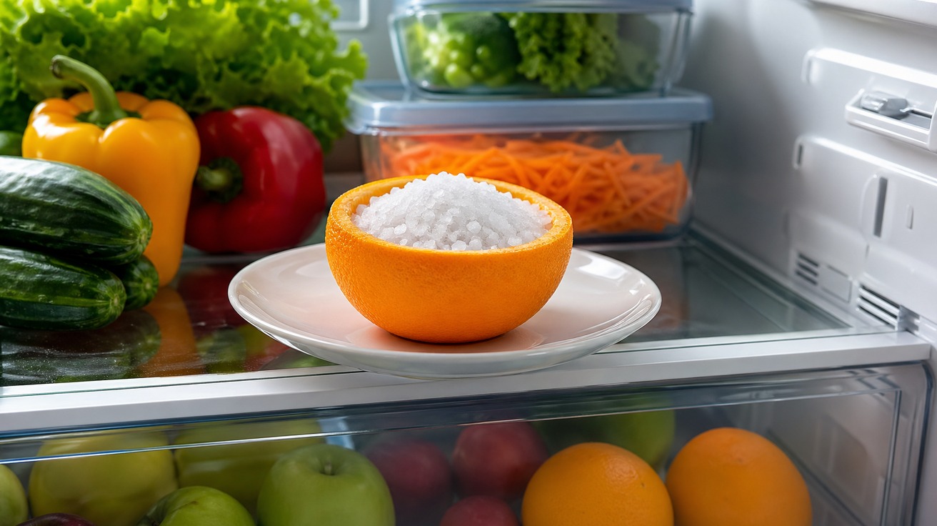 Uma casca de laranja brilhante, cortada ao meio e preenchida com sal grosso, sobre um pires de cerâmica branca dentro de uma geladeira limpa e moderna.