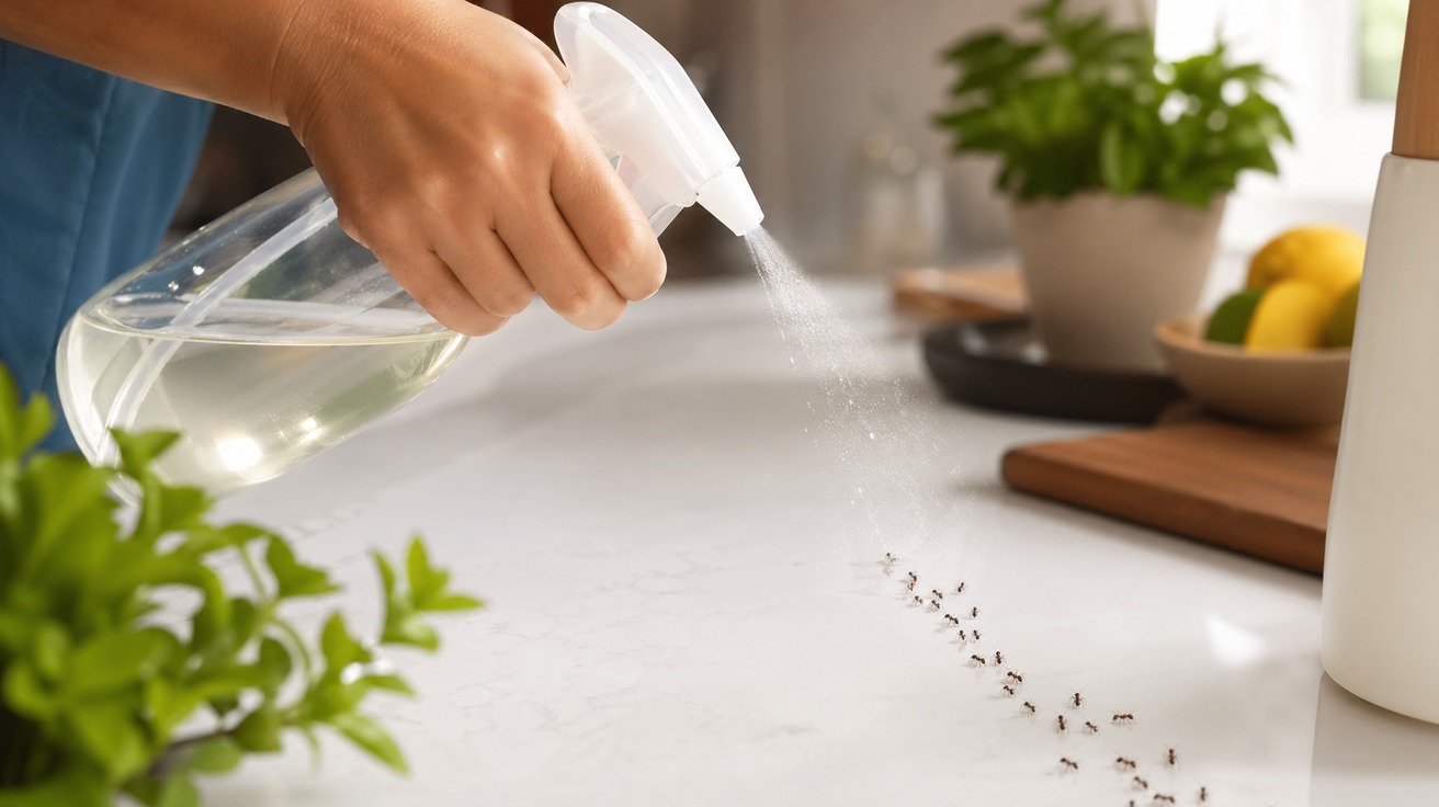 Mão borrifando uma solução de limpeza natural de um frasco transparente em uma pequena trilha de formigas sobre uma bancada de cozinha branca e limpa, com luz natural.