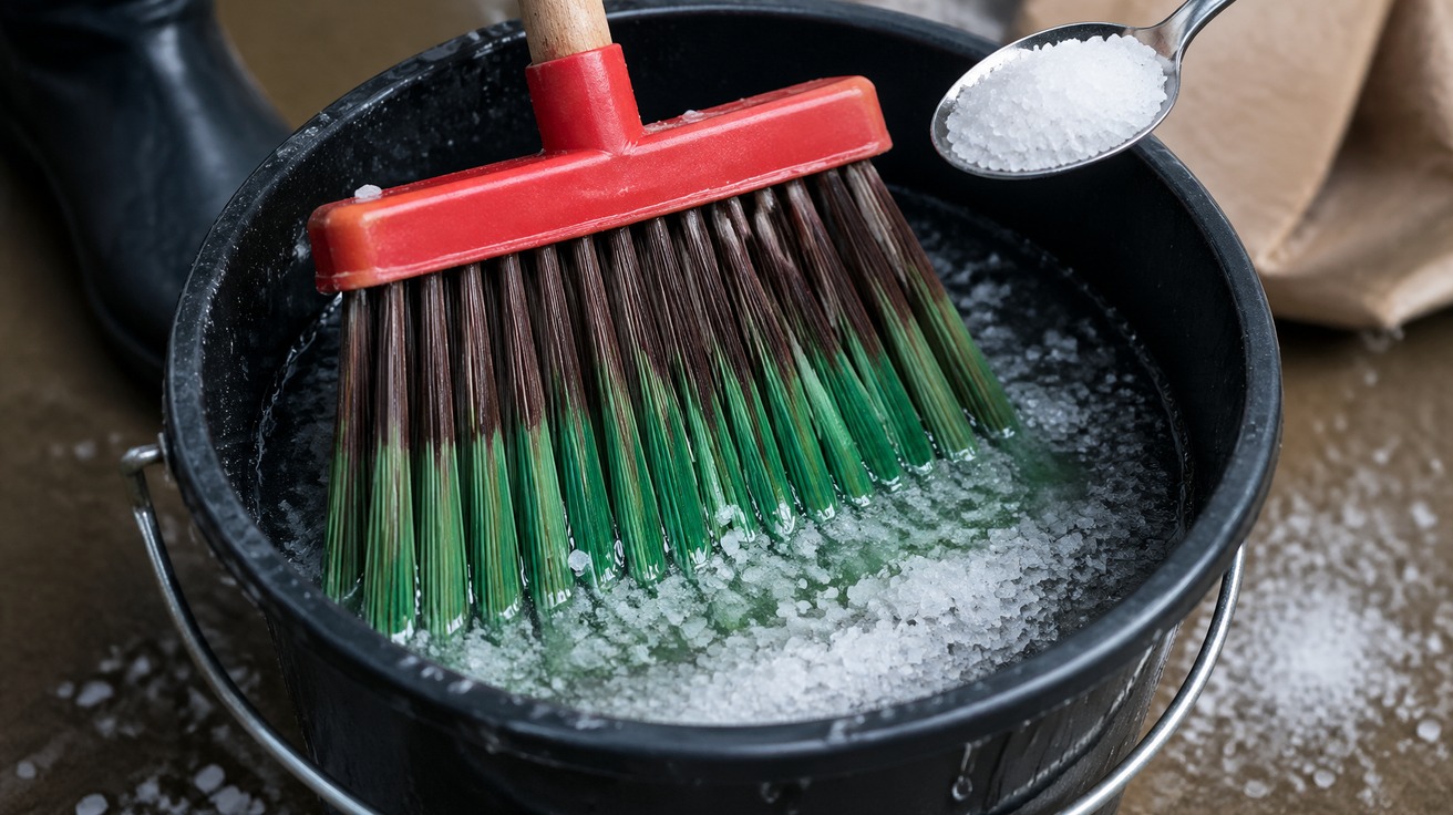 Close-up detalhado das cerdas de uma vassoura nova sendo mergulhadas em um balde com água e sal, mostrando o cuidado e a preparação do objeto.