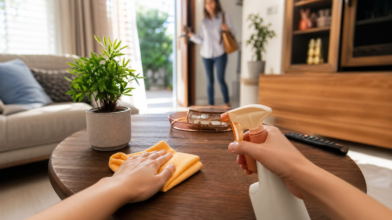 Visão em primeira pessoa de mãos organizando rapidamente uma mesa de centro de sala de estar, com um pano de microfibra e um borrifador ao lado, desfocando uma pessoa entrando pela porta ao fundo.