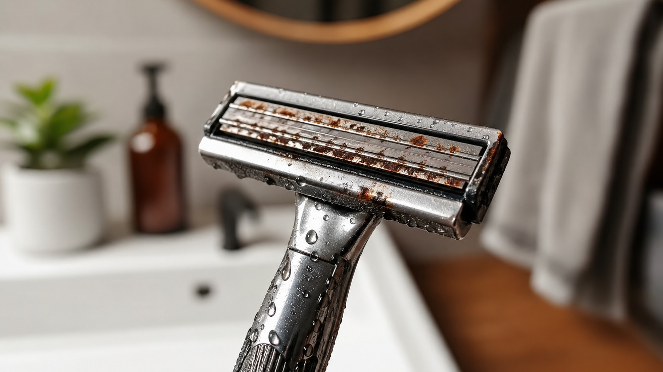 Close-up de uma lâmina de barbear com pequenas gotas de água e pontos de ferrugem se formando no fio de aço, com um fundo de banheiro desfocado.