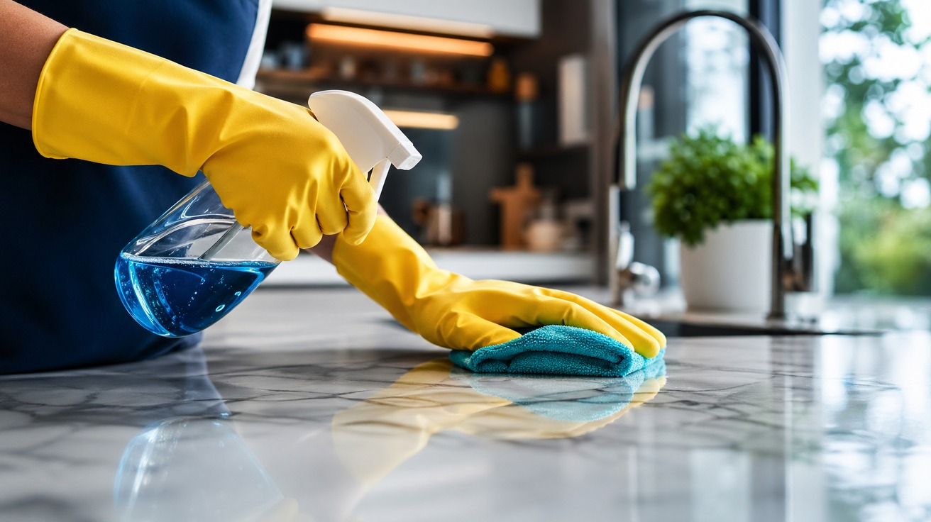 Mãos com luvas de borracha amarelas segurando um borrifador e um pano de microfibra, limpando uma bancada de cozinha com um brilho visível. O fundo mostra uma cozinha moderna e organizada, levemente desfocada.