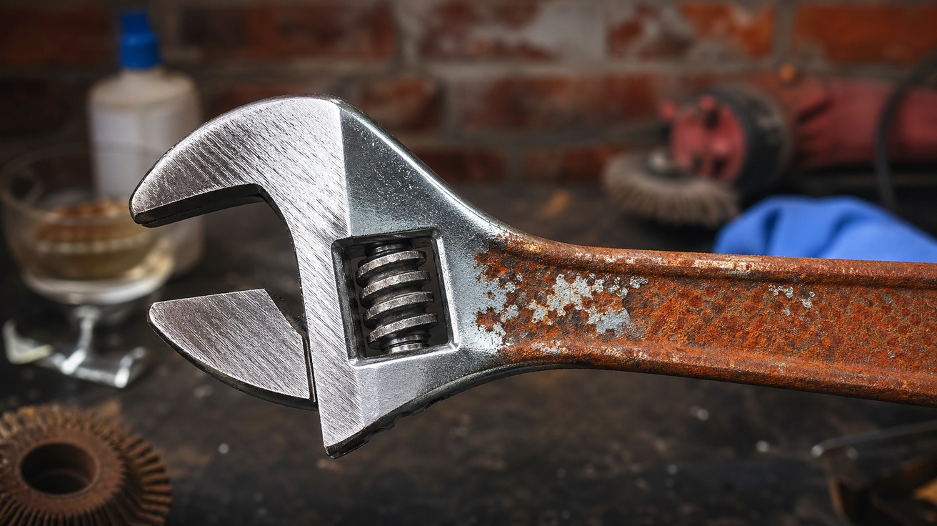 Close-up de uma chave de boca antiga, metade dela brilhante e restaurada, e a outra metade ainda coberta por uma espessa camada de ferrugem laranja.