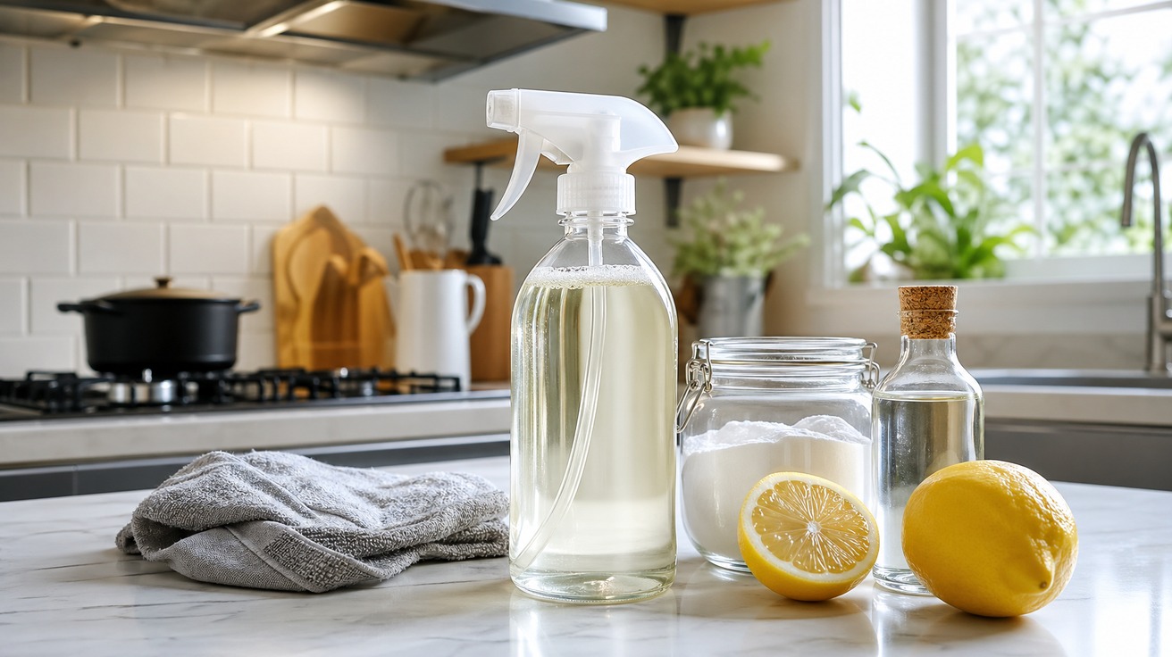 Um borrifador transparente com um líquido de limpeza caseiro, posicionado em uma bancada de cozinha limpa e clara. Ao lado, ingredientes como bicarbonato de sódio em um pote, uma garrafa de vinagre e um limão.