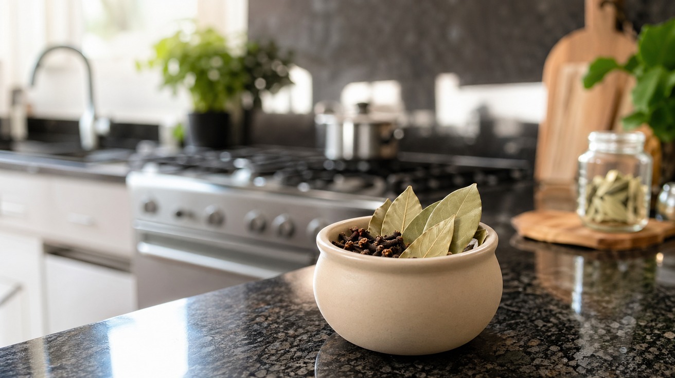 Cozinha impecavelmente limpa e organizada, com um pequeno pote de cerâmica contendo folhas de louro e cravos sobre o balcão de granito, sugerindo um método natural de controle de pragas.