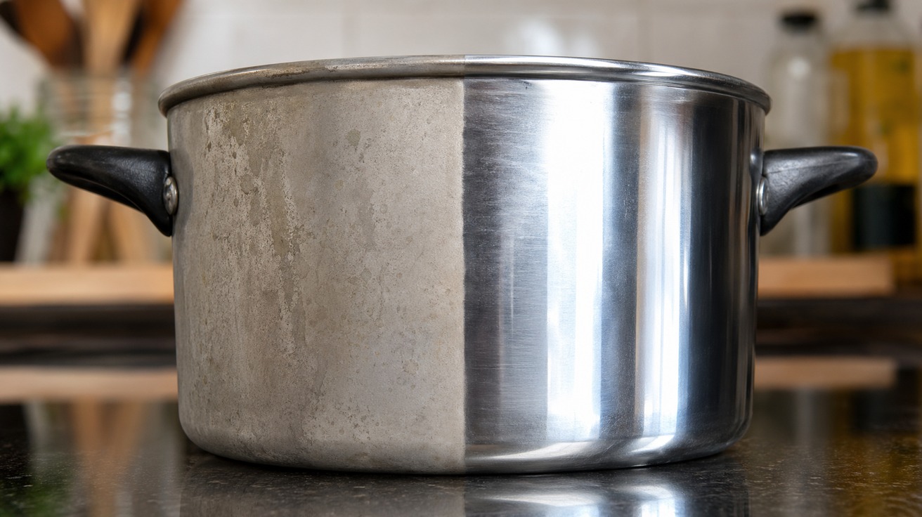 Close-up de uma panela de alumínio com metade da superfície brilhando intensamente após a limpeza e a outra metade ainda opaca e manchada, mostrando o antes e depois do método.