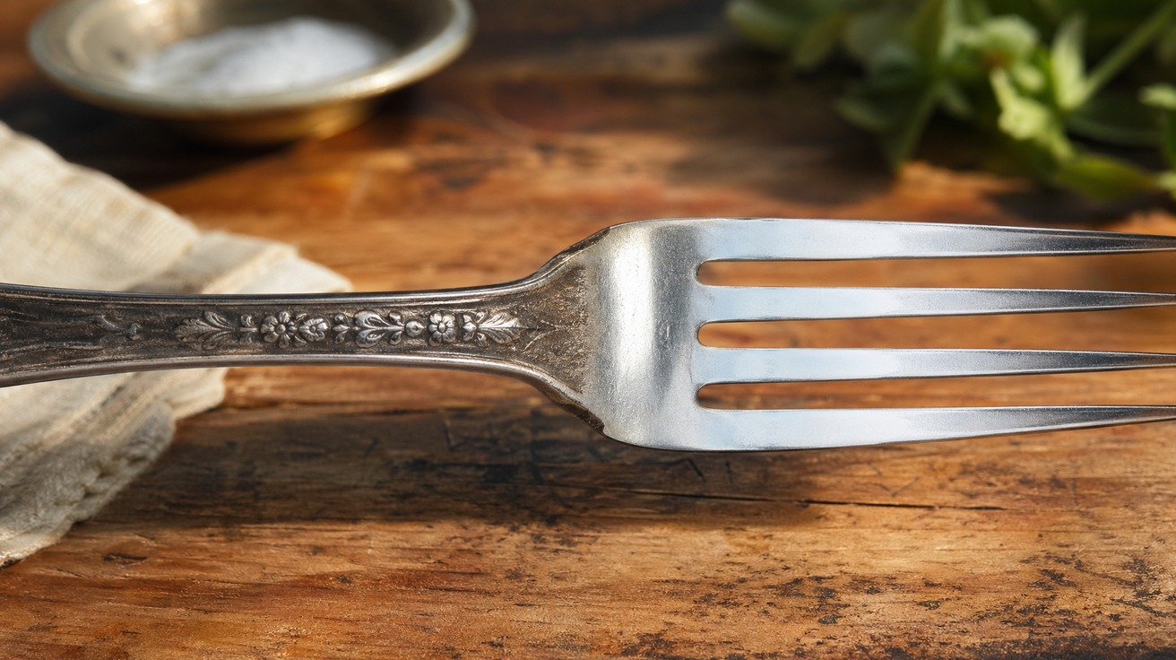 Comparação lado a lado de um garfo de prata antigo, metade escurecido pela oxidação e a outra metade brilhante e polida, sobre uma superfície de madeira.