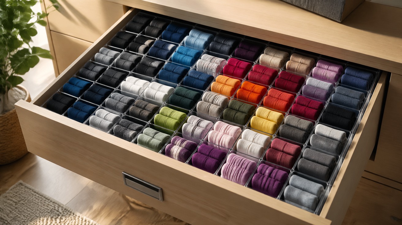 Gaveta de madeira perfeitamente organizada com dezenas de pares de meias coloridas, dobradas em rolinhos compactos e separadas por divisórias de acrílico transparente.