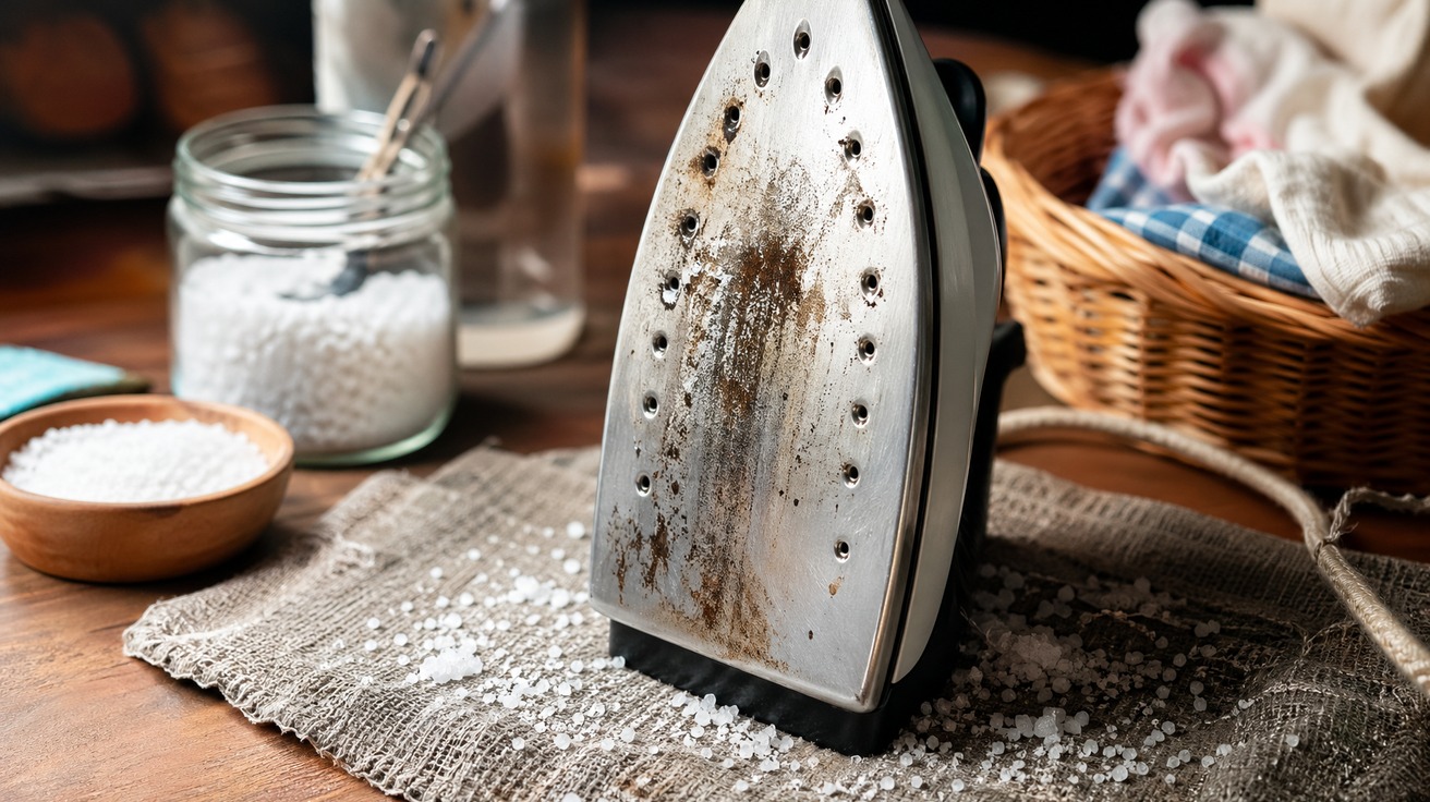 Close-up da base metálica brilhante de um ferro de passar antigo sendo limpo com sal grosso espalhado sobre um pano rústico, em uma bancada de madeira.