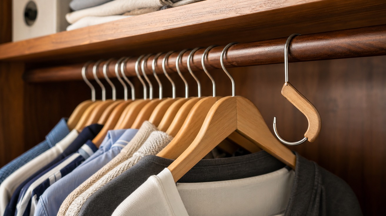 Close-up de um closet de madeira bem organizado, mostrando uma fileira de cabides. Um cabide está sendo virado ao contrário, com o gancho apontando para fora, ilustrando o truque de organização.
