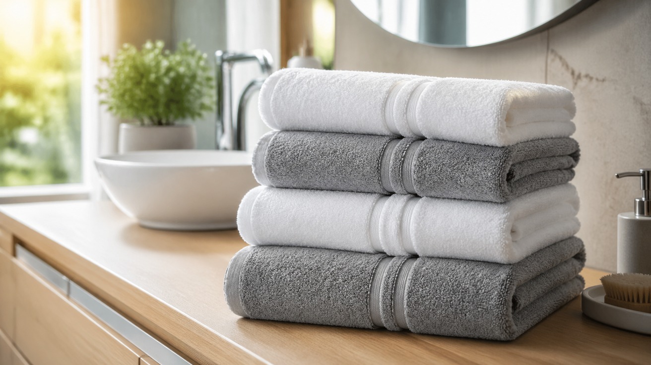 Uma pilha de toalhas brancas e cinzas, imaculadamente limpas e felpudas, dobradas com perfeição sobre uma bancada de madeira clara em um banheiro bem iluminado.