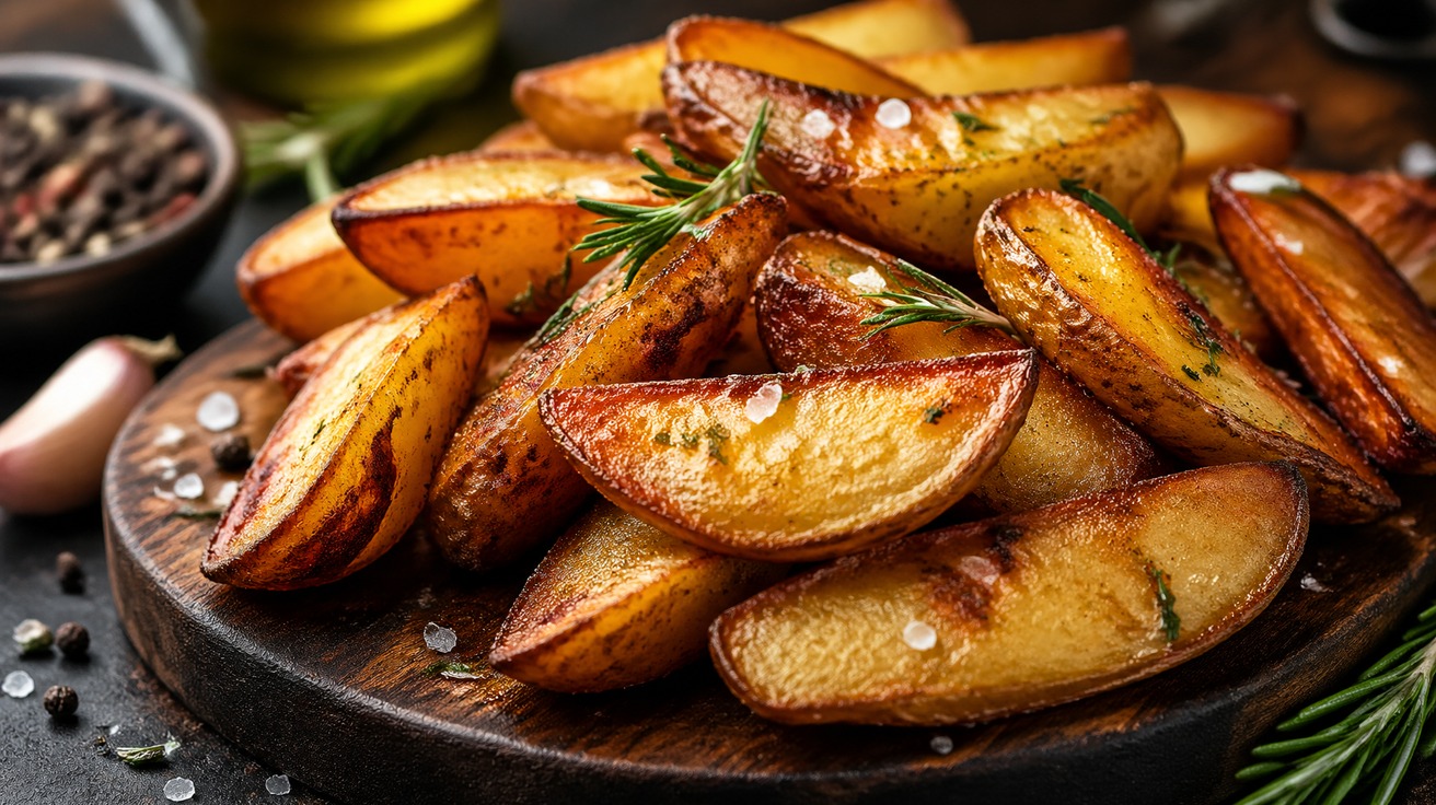 Close-up de batatas rústicas douradas e extremamente crocantes, recém-saídas da fritura, com flocos de sal grosso e um ramo de alecrim fresco sobre uma tábua de madeira escura.