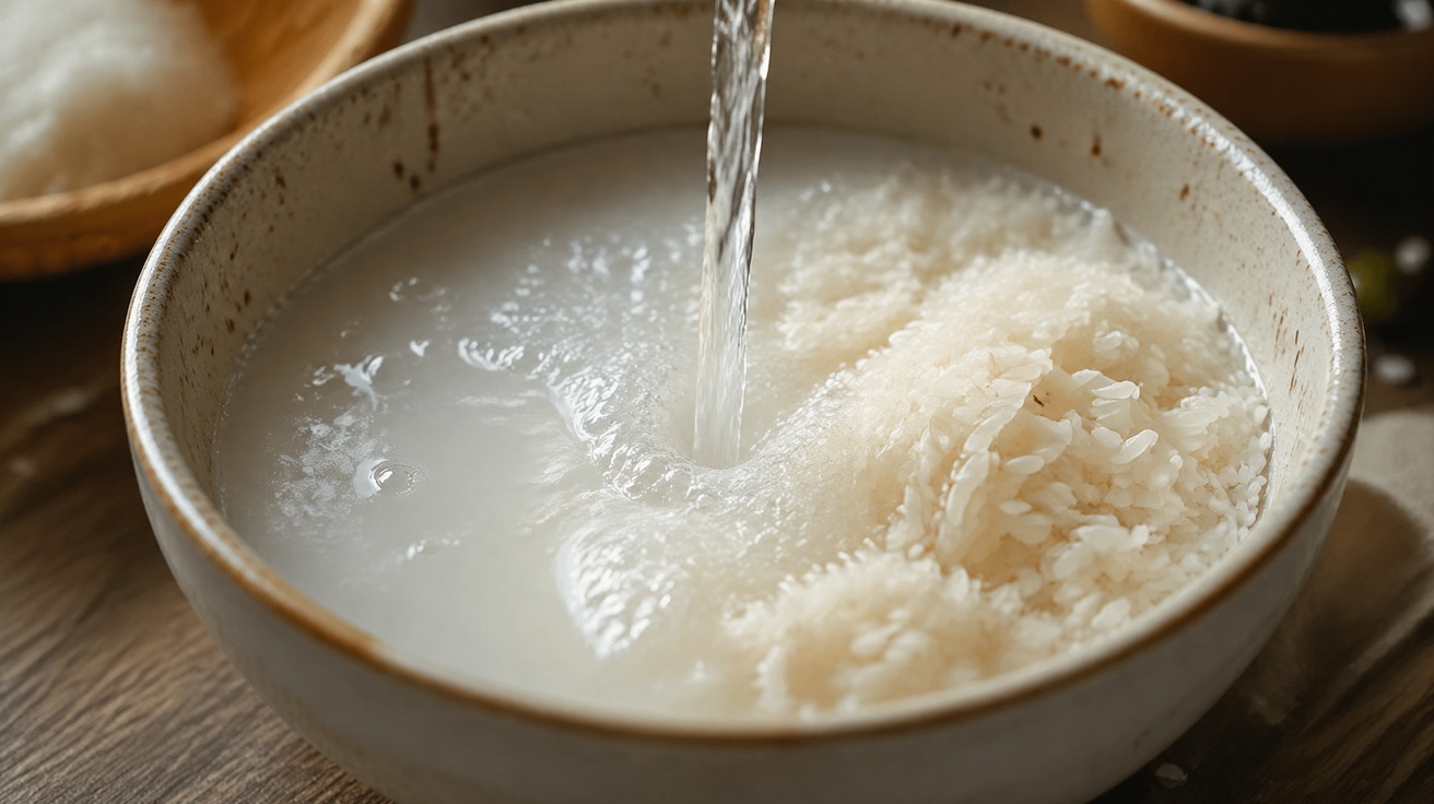 Close-up de grãos de arroz branco sendo lavados em uma tigela de cerâmica com água corrente, mostrando a água leitosa que se forma pelo excesso de amido sendo removido.