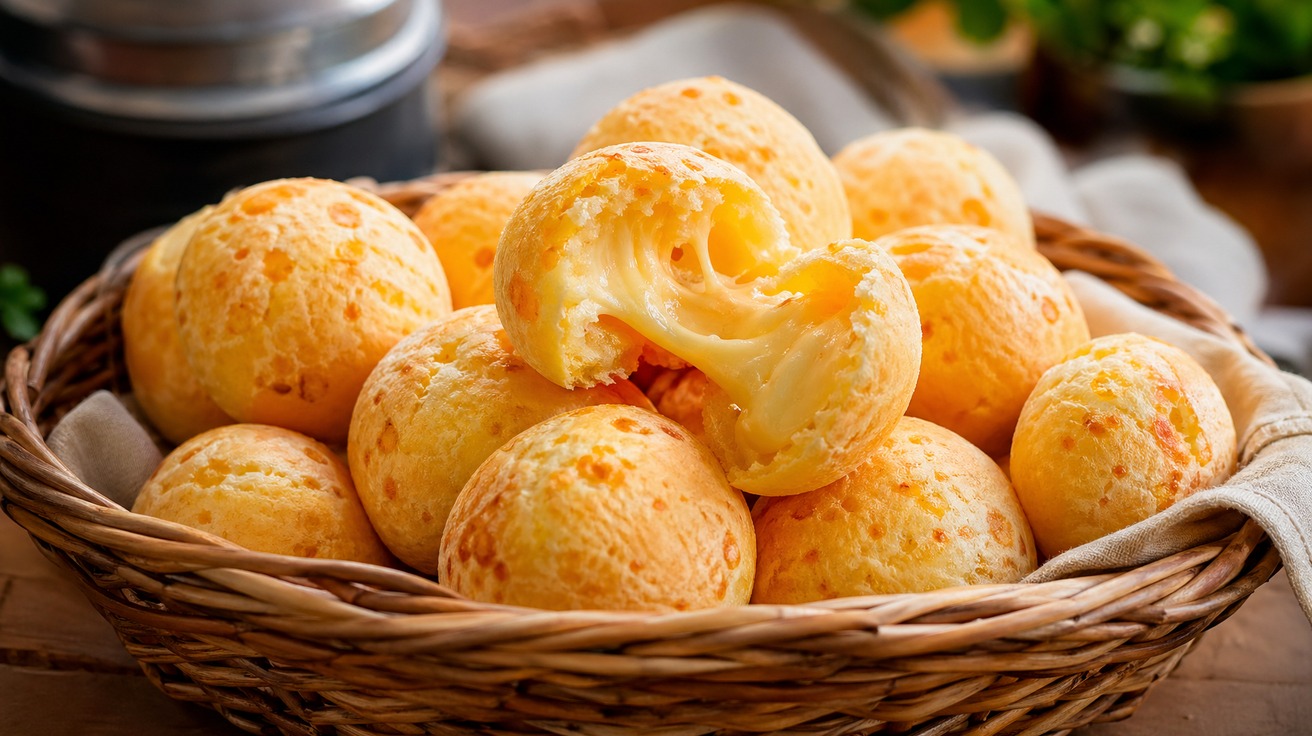 Close-up de uma cesta rústica cheia de pães de queijo dourados e quentinhos, com um que derrete ao ser partido ao meio, em uma mesa de madeira.