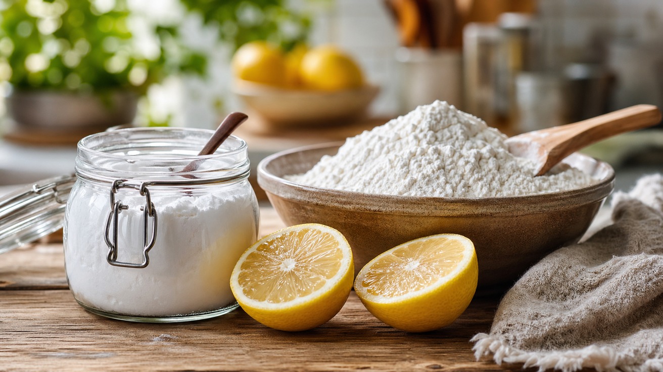Uma bancada de cozinha rústica com ingredientes para um fermento caseiro: um pote de bicarbonato de sódio, um limão cortado ao meio e uma tigela com farinha, prontos para serem misturados.