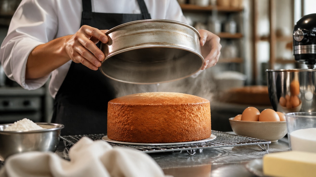 Bolo profissional perfeitamente dourado sendo retirado de uma forma de metal, com vapor subindo suavemente, em uma cozinha de confeitaria bem iluminada e organizada.