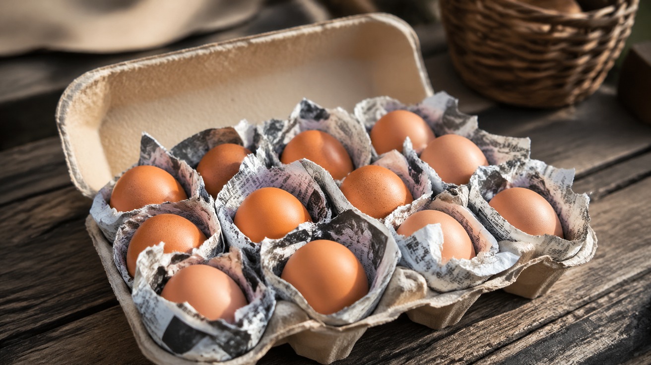 Uma caixa de ovos de papelão aberta, com cada ovo cuidadosamente envolto em pequenos pedaços de jornal amassado, demonstrando uma técnica de proteção para transporte.