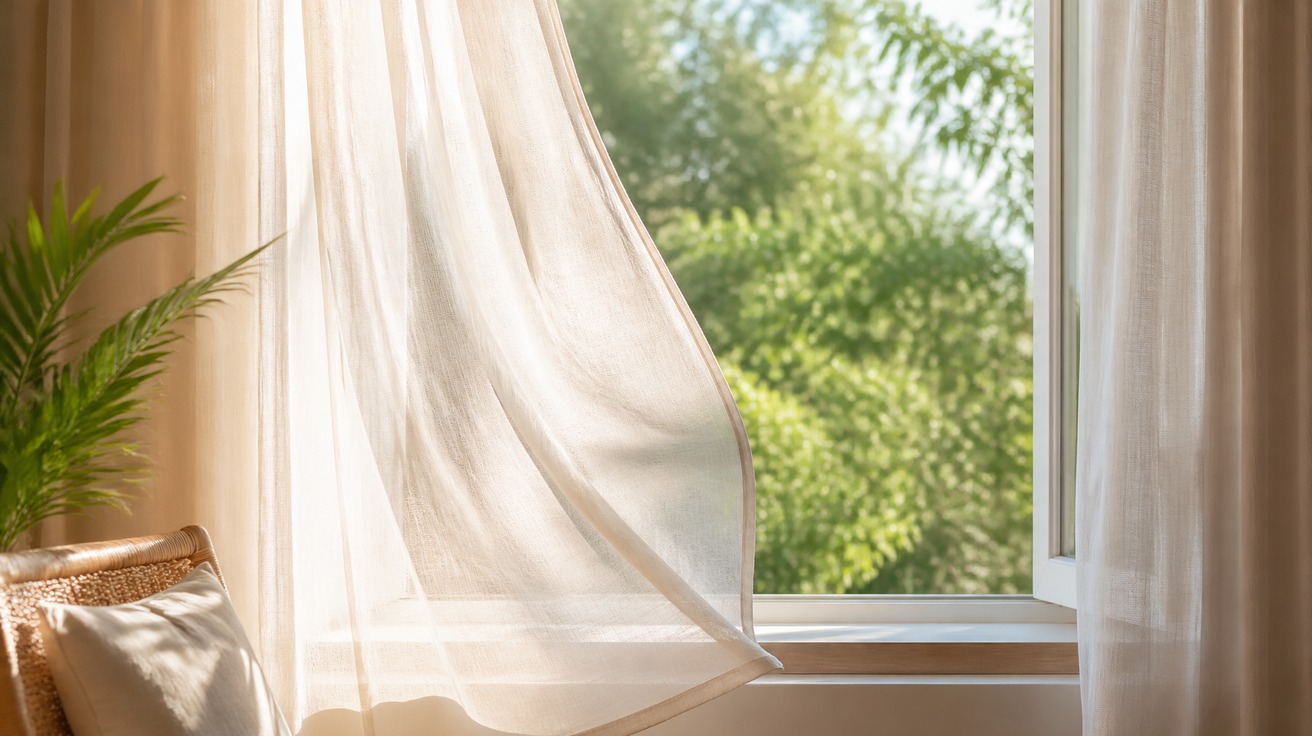 Uma cortina de tecido claro e translúcido balançando suavemente com a brisa que entra por uma janela aberta, com a luz do sol da manhã filtrando através dela, criando um ambiente limpo e arejado.