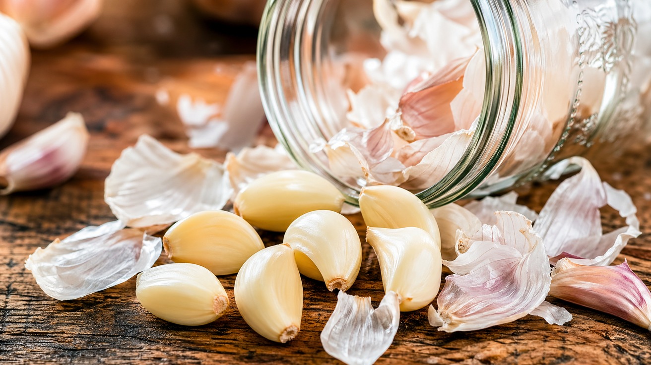 Close-up dramático de dentes de alho perfeitamente descascados e cascas soltas espalhadas sobre uma superfície de madeira rústica, com um pote de vidro ao fundo.
