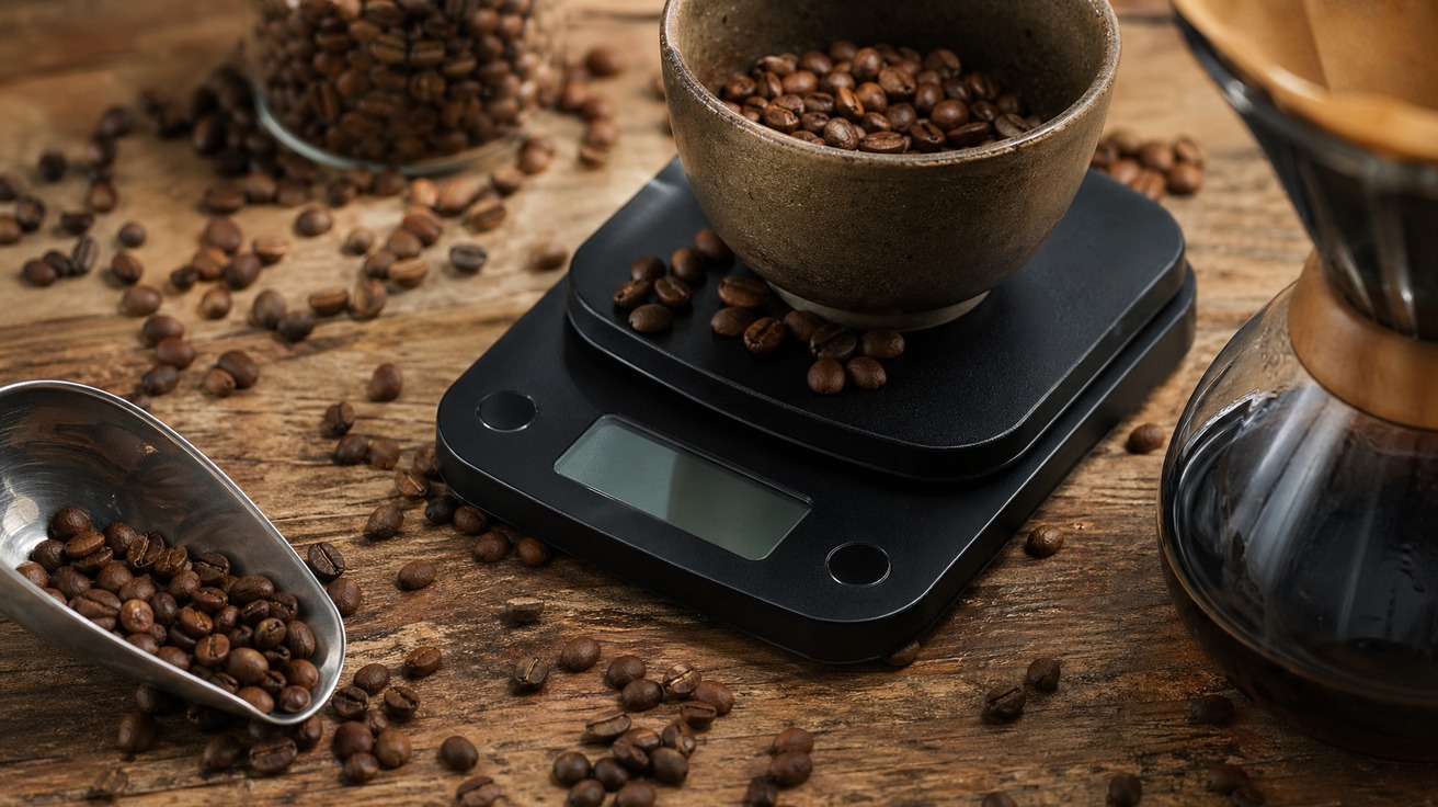 Uma balança de cozinha digital preta com grãos de café torrados espalhados ao redor. Em foco, o visor da balança mostra um peso exato, sugerindo precisão no preparo do café.