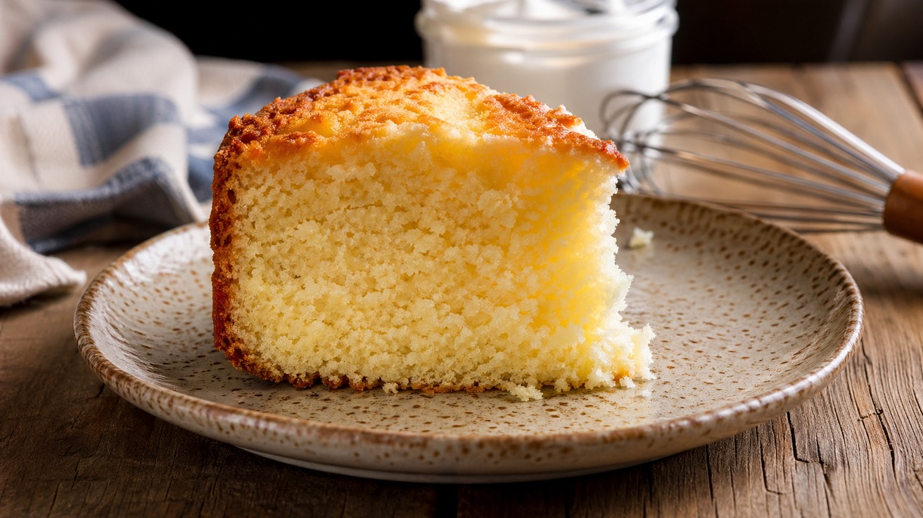 Fatia generosa de bolo de baunilha com miolo visivelmente fofo e úmido, servida em um prato de cerâmica rústica. Ao fundo, um pote de iogurte grego cremoso e um batedor de arame dão a pista do ingrediente secreto.