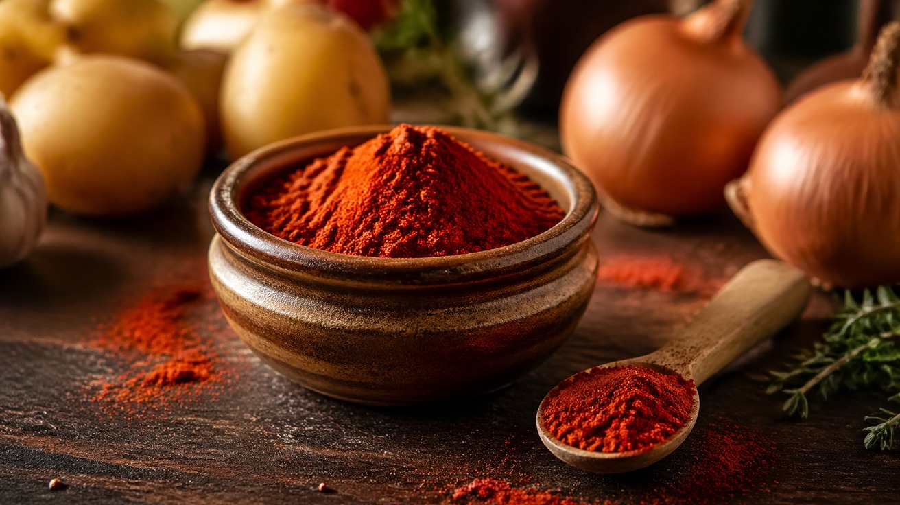 Um pequeno pote de cerâmica rústica cheio de pó de páprica defumada de cor vermelho-intenso, com uma colher de madeira ao lado. Ao fundo, ingredientes simples como batatas e cebolas repousam sobre uma mesa de madeira escura, com iluminação natural e quente.