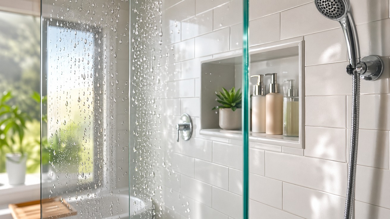 Close-up de um box de banheiro extremamente limpo, com gotas de água cristalinas escorrendo pelo vidro transparente. O rejunte branco está impecável e o reflexo mostra um ambiente claro e arejado, sem nenhum sinal de mofo.