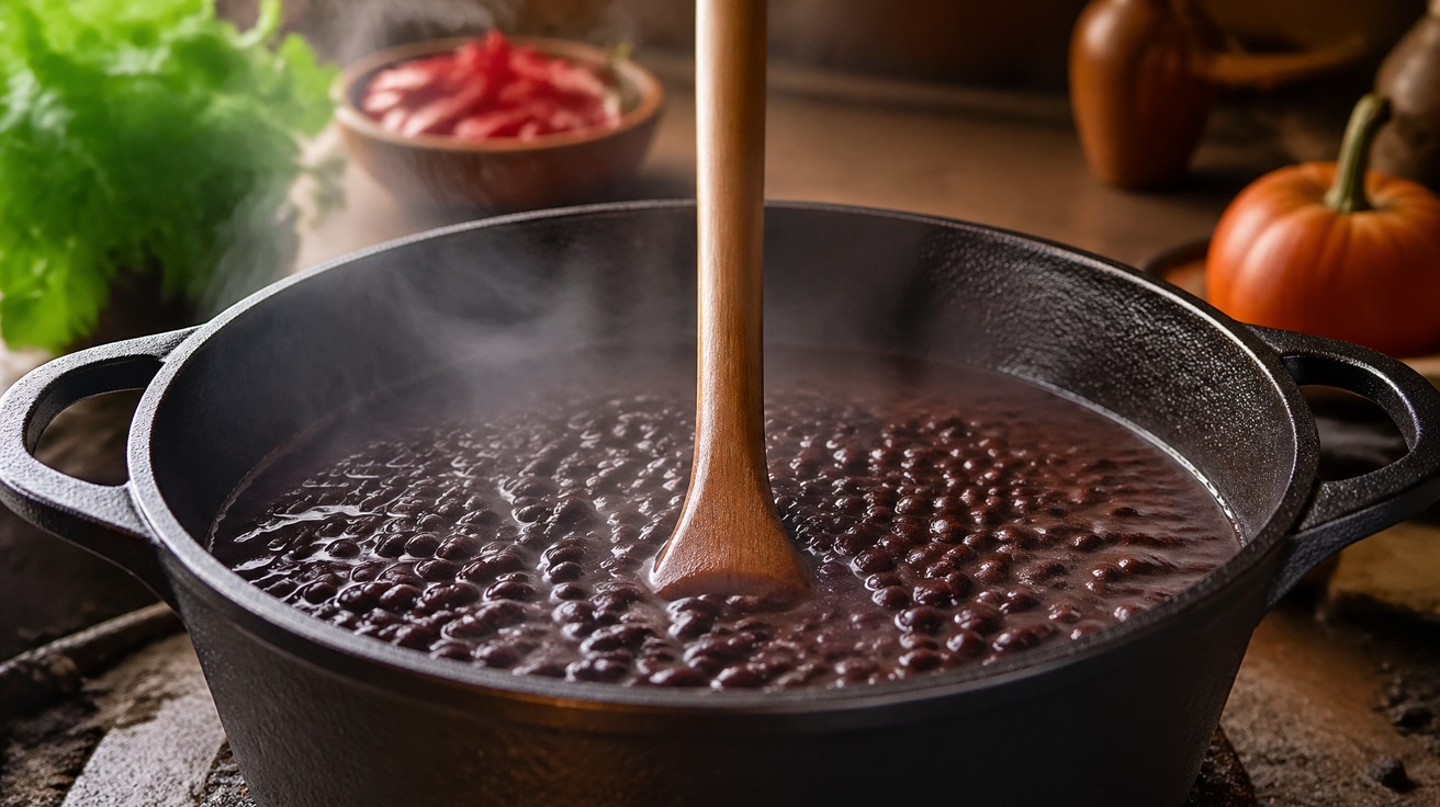 Close-up de uma panela de ferro com feijão preto borbulhando suavemente, e uma colher de pau posicionada verticalmente no centro, evitando que os grãos queimem no fundo.