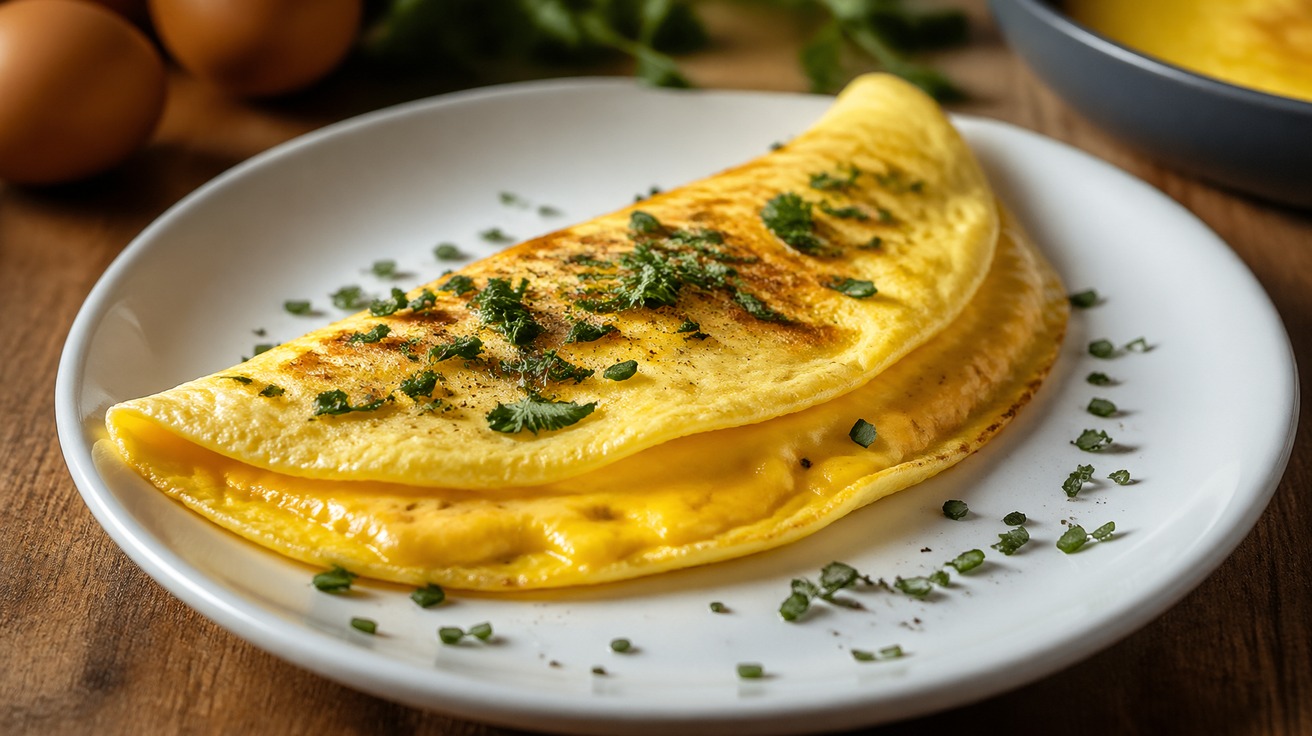 Close-up de uma omelete francesa perfeitamente dobrada, com uma textura cremosa e amarela dourada, servida em um prato branco com ervas frescas picadas por cima.