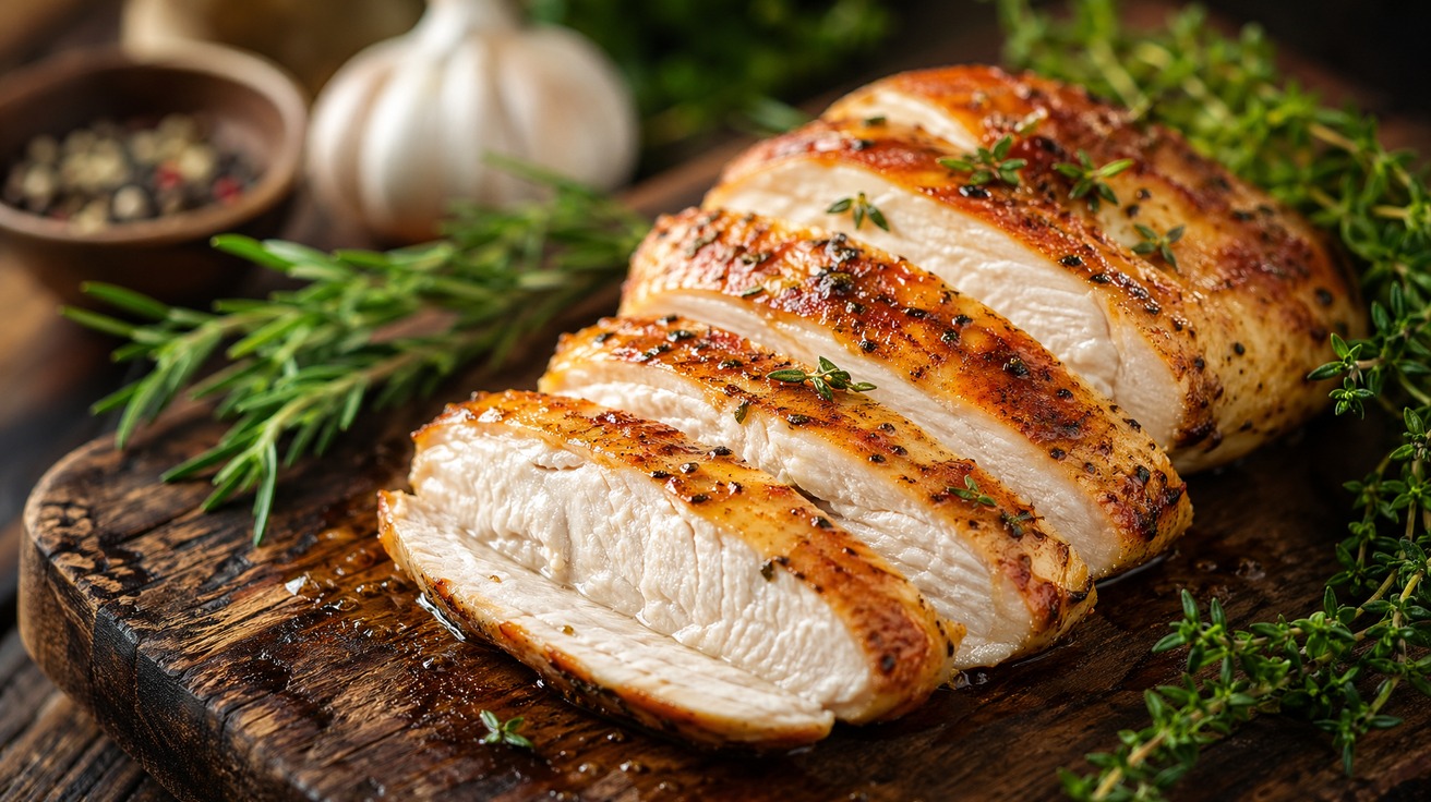 Peito de frango dourado e fatiado sobre uma tábua de madeira rústica, com o interior visivelmente úmido e suculento, ao lado de ervas frescas como alecrim e tomilho.
