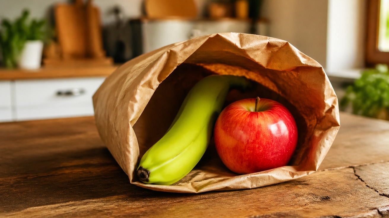 Uma banana verde e uma maçã vermelha brilhante dentro de um saco de papel marrom aberto, sobre uma bancada de cozinha de madeira rústica.