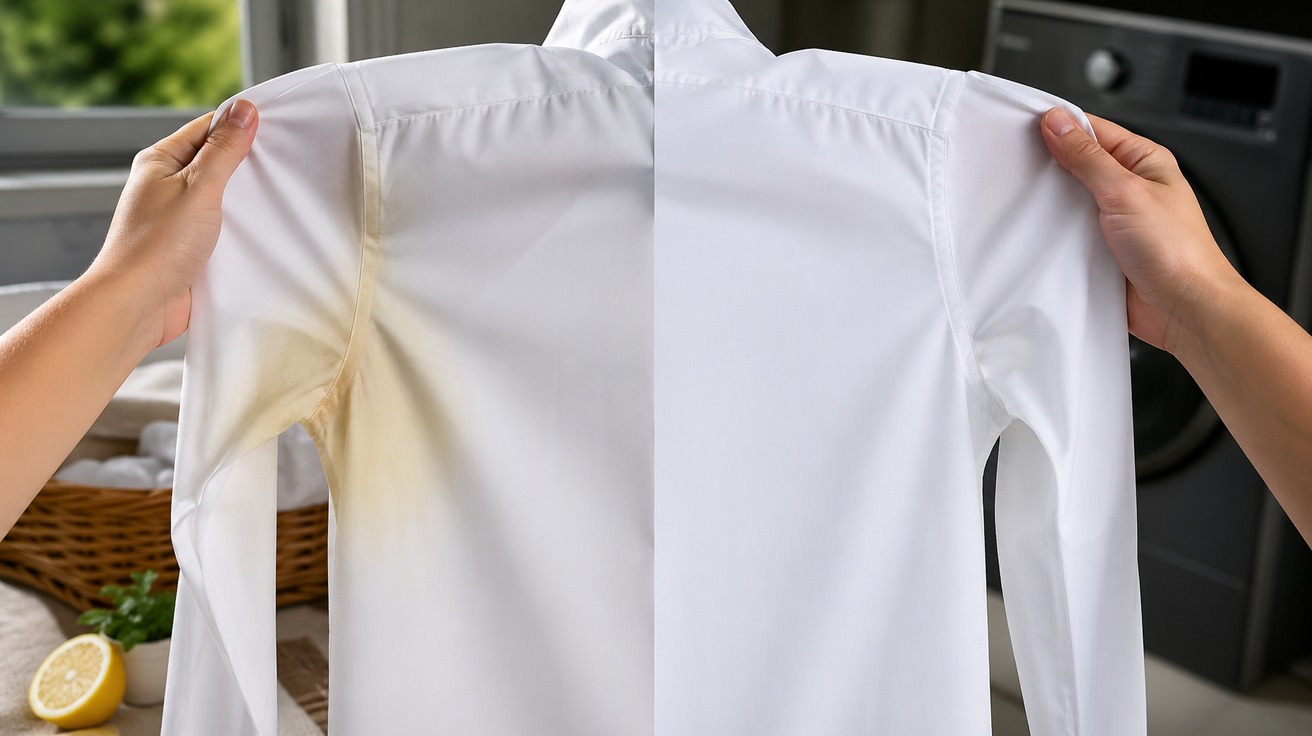 Comparativo de antes e depois na axila de uma camisa social branca. O lado esquerdo mostra uma mancha amarela forte de desodorante, e o lado direito está perfeitamente branco e limpo.