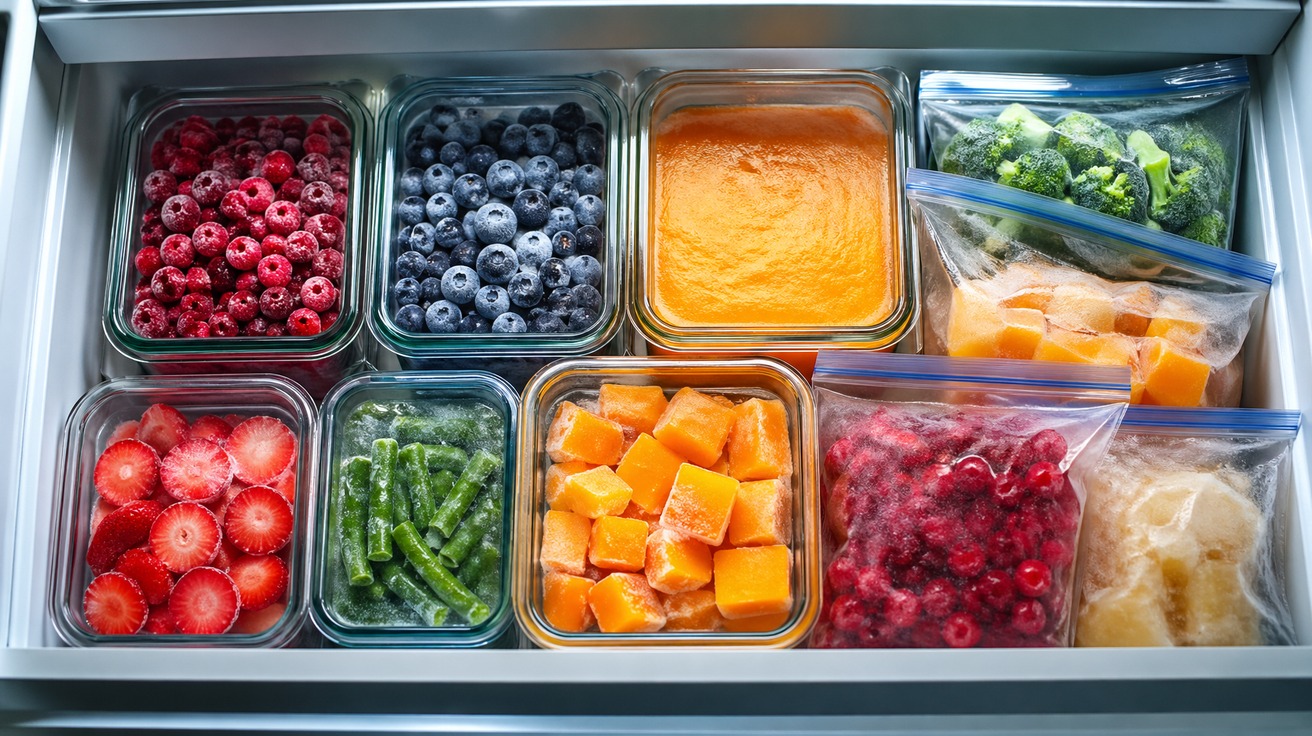 Visão de cima de vários potes de vidro e sacos reutilizáveis com alimentos coloridos como frutas vermelhas, brócolis e sopa de abóbora, todos etiquetados e organizados em uma gaveta de freezer.