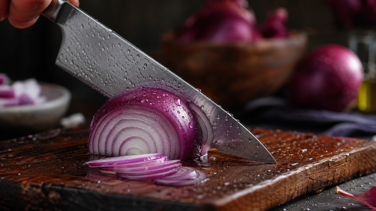 Close-up de uma faca de chef afiada cortando uma cebola roxa em uma tábua de madeira, com gotas de água visíveis na superfície, sugerindo frescor e a técnica de não chorar.