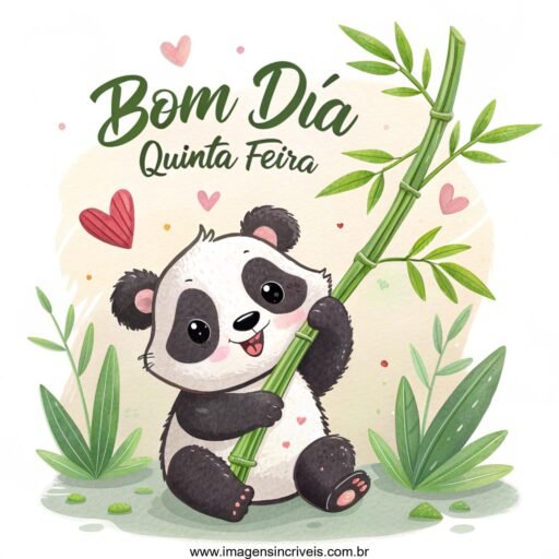 Bebê panda segurando bambu com o texto ‘Bom Dia Quinta-feira’ e folhas de bambu ao redor.