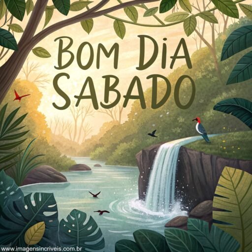 Cachoeira em floresta tropical com o texto ‘Bom Dia Sábado’ sobre a água.