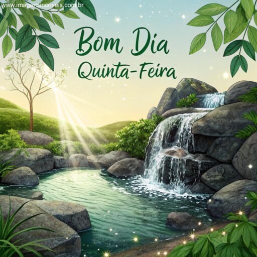 Cachoeira pequena com o texto ‘Bom Dia Quinta-feira’ e detalhes de brilho ao redor.