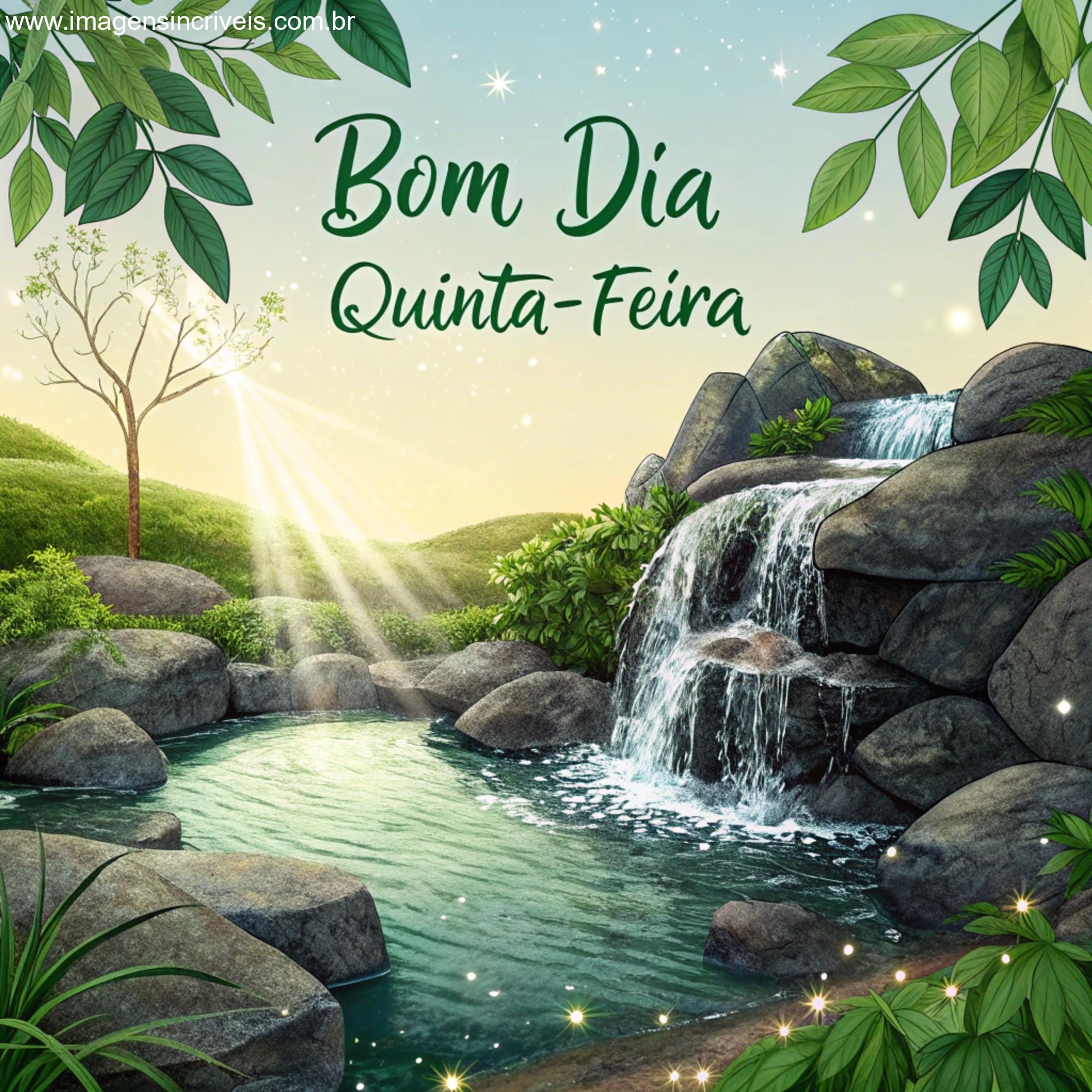 Imagem de Cachoeira pequena com o texto ‘Bom Dia Quinta-feira’ e detalhes de brilho ao redor.