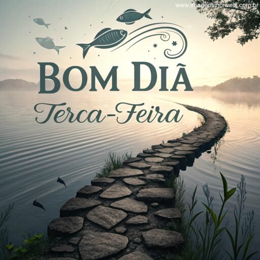 Caminho de pedras ao lado de um lago com o texto ‘Bom Dia Terça-feira’ refletido na água e peixes saltando.