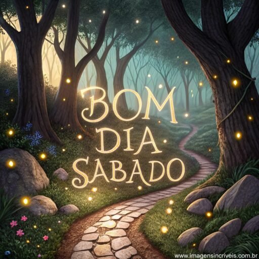 Caminho de pedras em bosque encantado com o texto ‘Bom Dia Sábado’ em luzes entre as árvores.