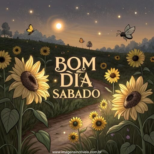 Campo de girassóis ao amanhecer com o texto ‘Bom Dia Sábado’ entre as flores e abelhas ao redor.