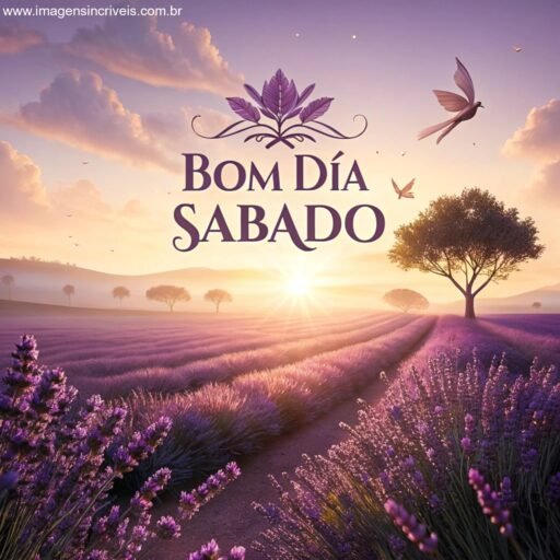 Campo de lavandas ao amanhecer com o texto ‘Bom Dia Sábado’ no céu e sol ao fundo.