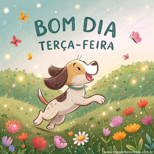 Cãozinho correndo em campo florido com o texto ‘Bom Dia Terça-feira’, borboletas e brilhos ao redor.